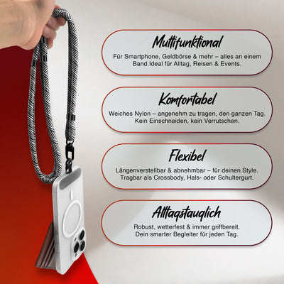NALIA Universal Handykette für alle Smartphones – Premium Komfort-Nylon & 2 Patches – HOLDME (Geflochtenes Lanyard mit Mattschwarzem Karabiner) – Marke aus Berlin