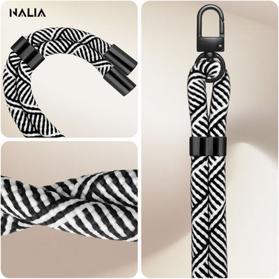 NALIA Universal Handykette für alle Smartphones – Premium Komfort-Nylon & 2 Patches – HOLDME (Geflochtenes Lanyard mit Mattschwarzem Karabiner) – Marke aus Berlin