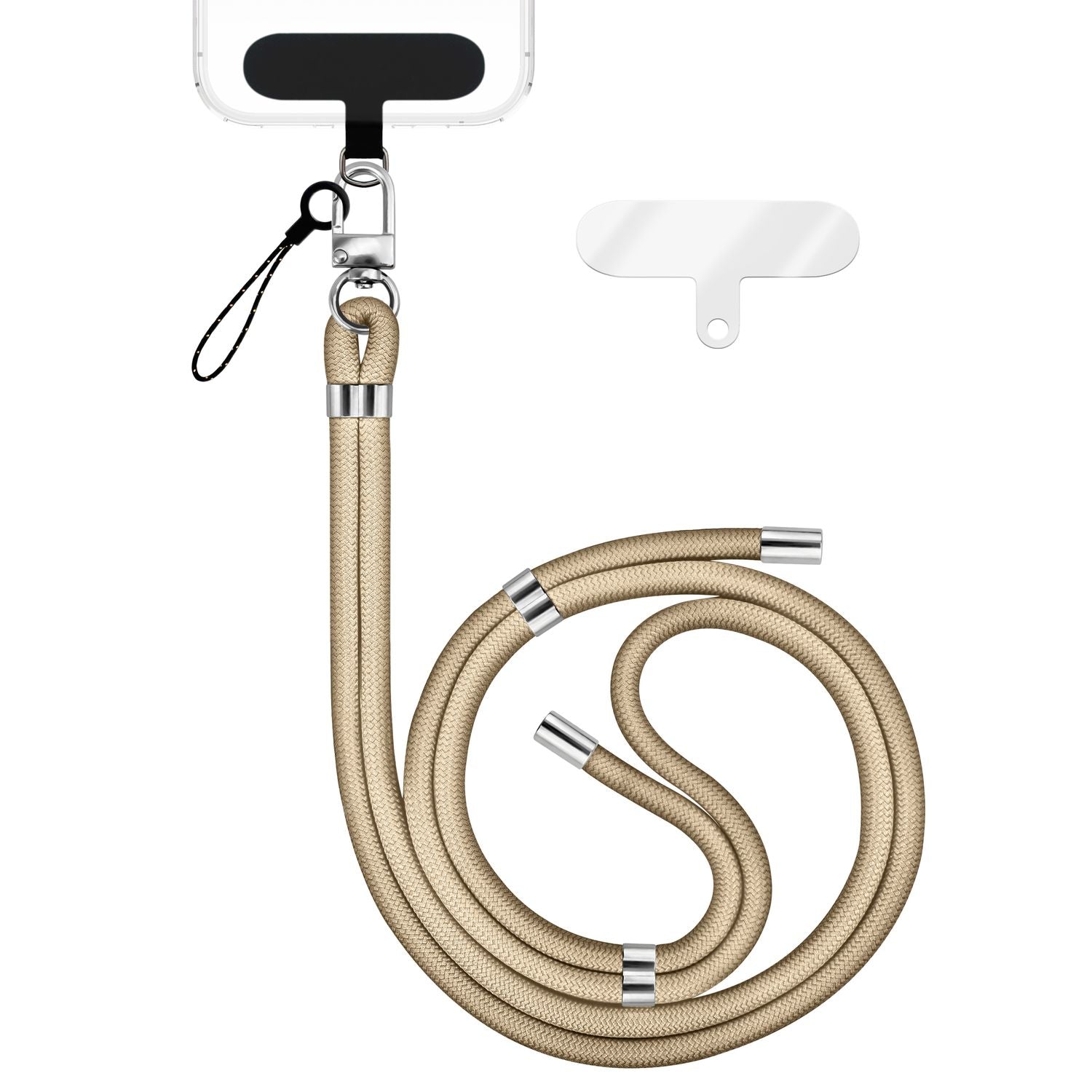 NALIA HoldMe Universal Handykette für Smartphone & Handyhüllen, Nylon-Seil Verstellbar & Abnehmbar, Umhänge-Band, Handyband, Lanyard mit Karabiner & 2 Patches Beige NALIA Universal Handykette