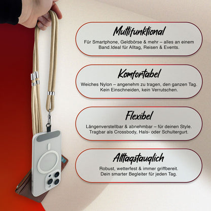 NALIA HoldMe Universal Handykette für Smartphone & Handyhüllen, Nylon-Seil Verstellbar & Abnehmbar, Umhänge-Band, Handyband, Lanyard mit Karabiner & 2 Patches Beige NALIA Universal Handykette