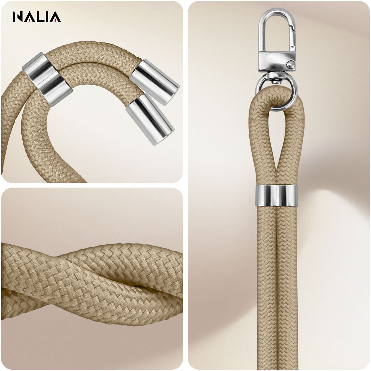 NALIA HoldMe Universal Handykette für Smartphone & Handyhüllen, Nylon-Seil Verstellbar & Abnehmbar, Umhänge-Band, Handyband, Lanyard mit Karabiner & 2 Patches Beige NALIA Universal Handykette