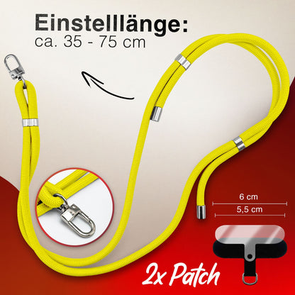 NALIA HoldMe Universal Handykette für Smartphone & Handyhüllen, Nylon-Seil Verstellbar & Abnehmbar, Umhänge-Band, Handyband, Lanyard mit Karabiner & 2 Patches Neon Gelb NALIA Universal Handykette