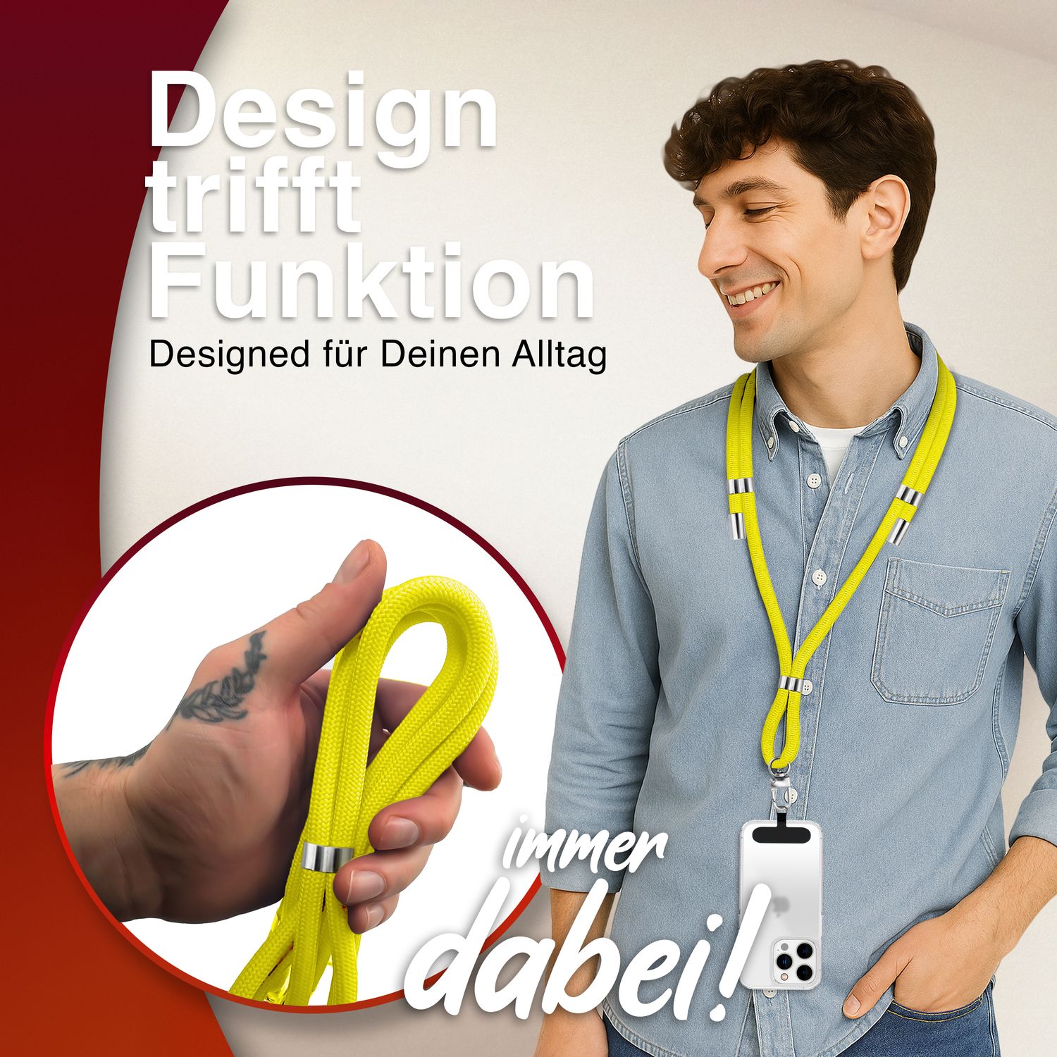 NALIA HoldMe Universal Handykette für Smartphone & Handyhüllen, Nylon-Seil Verstellbar & Abnehmbar, Umhänge-Band, Handyband, Lanyard mit Karabiner & 2 Patches Neon Gelb NALIA Universal Handykette