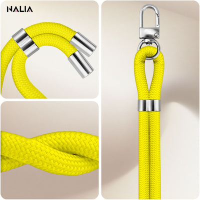 NALIA Universal Handykette für alle Smartphones – Premium Komfort-Nylon & 2 Patches – HOLDME (Geflochtenes Lanyard mit Silber-Karabiner) – Marke aus Berlin Neon Gelb NALIA Universal Handykette