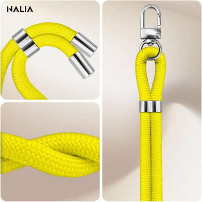 NALIA HoldMe Universal Handykette für Smartphone & Handyhüllen, Nylon-Seil Verstellbar & Abnehmbar, Umhänge-Band, Handyband, Lanyard mit Karabiner & 2 Patches Neon Gelb NALIA Universal Handykette