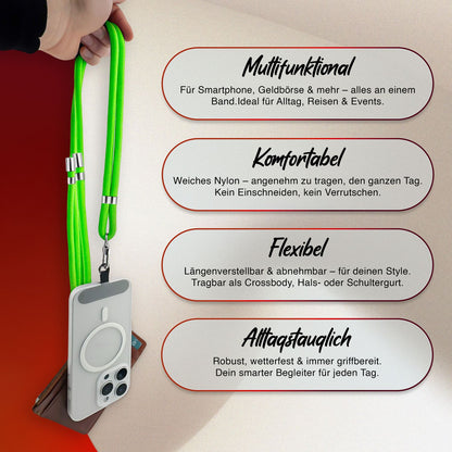 NALIA HoldMe Universal Handykette für Smartphone & Handyhüllen, Nylon-Seil Verstellbar & Abnehmbar, Umhänge-Band, Handyband, Lanyard mit Karabiner & 2 Patches Neon Grün NALIA Universal Handykette