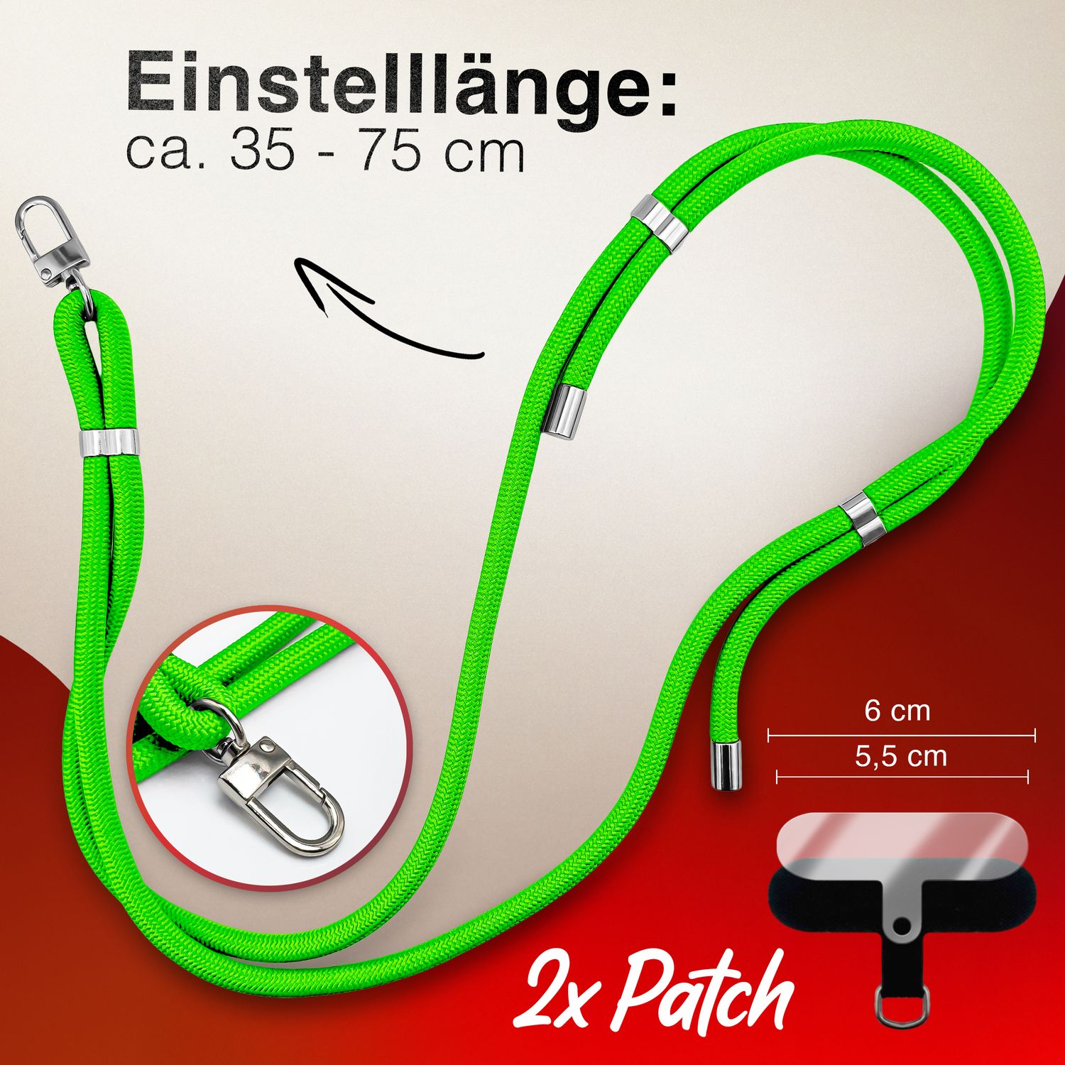 NALIA HoldMe Universal Handykette für Smartphone & Handyhüllen, Nylon-Seil Verstellbar & Abnehmbar, Umhänge-Band, Handyband, Lanyard mit Karabiner & 2 Patches Neon Grün NALIA Universal Handykette