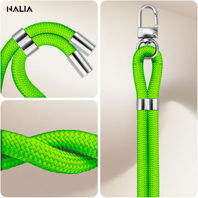 NALIA Universal Handykette für alle Smartphones – Premium Komfort-Nylon & 2 Patches – HOLDME (Geflochtenes Lanyard mit Silber-Karabiner) – Marke aus Berlin Neon Grün NALIA Universal Handykette