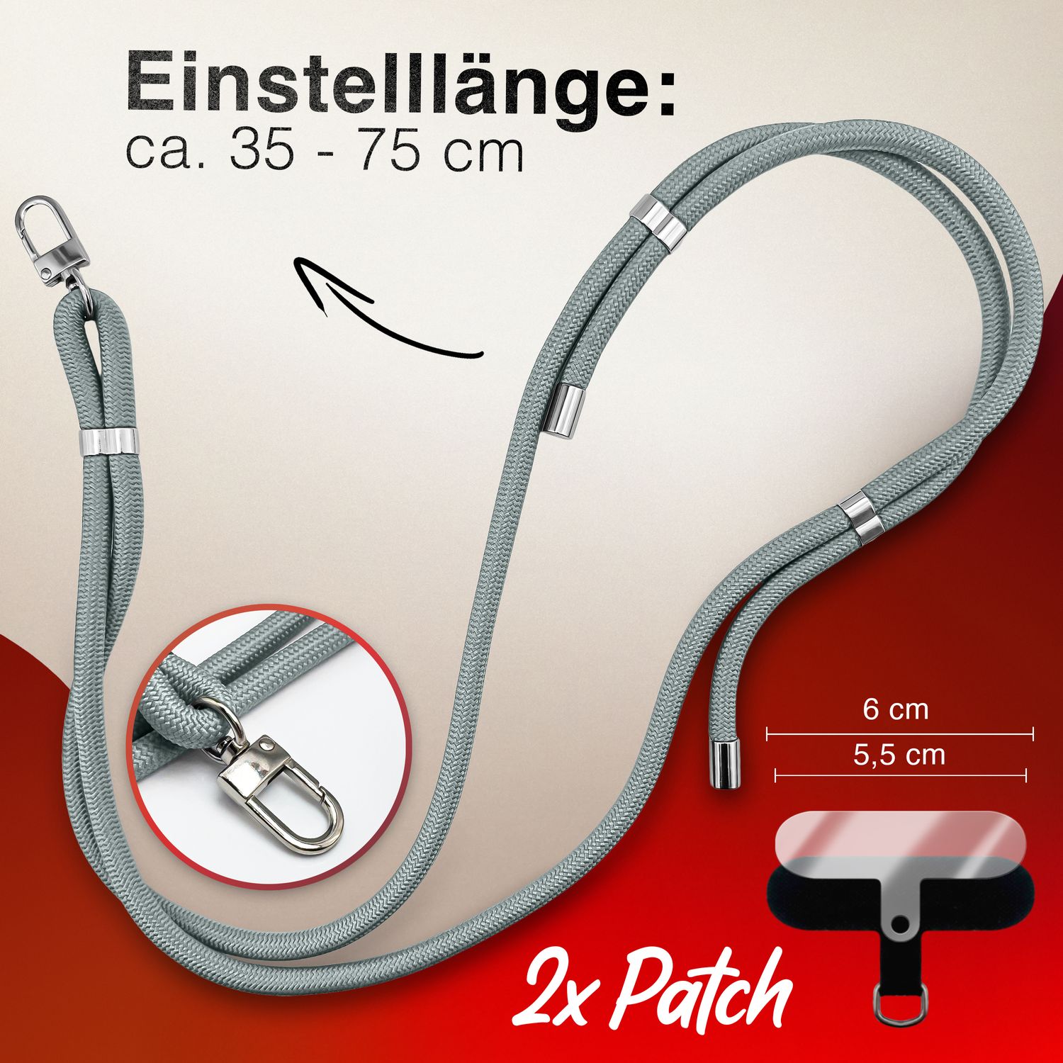 NALIA HoldMe Universal Handykette für Smartphone & Handyhüllen, Nylon-Seil Verstellbar & Abnehmbar, Umhänge-Band, Handyband, Lanyard mit Karabiner & 2 Patches Hellgrau NALIA Universal Handykette