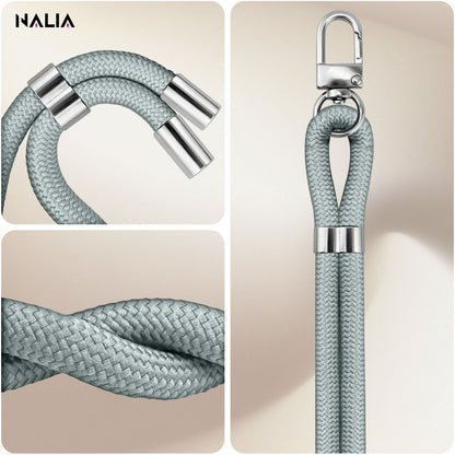 NALIA HoldMe Universal Handykette für Smartphone & Handyhüllen, Nylon-Seil Verstellbar & Abnehmbar, Umhänge-Band, Handyband, Lanyard mit Karabiner & 2 Patches Hellgrau NALIA Universal Handykette
