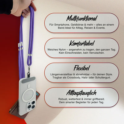 NALIA Universal Handykette für alle Smartphones – Premium Komfort-Nylon & 2 Patches – HOLDME (Geflochtenes Lanyard mit Silber-Karabiner) – Marke aus Berlin Blau Lila NALIA Universal Handykette