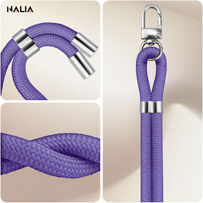 NALIA HoldMe Universal Handykette für Smartphone & Handyhüllen, Nylon-Seil Verstellbar & Abnehmbar, Umhänge-Band, Handyband, Lanyard mit Karabiner & 2 Patches Blau Lila NALIA Universal Handykette