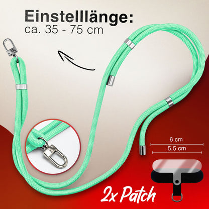 NALIA HoldMe Universal Handykette für Smartphone & Handyhüllen, Nylon-Seil Verstellbar & Abnehmbar, Umhänge-Band, Handyband, Lanyard mit Karabiner & 2 Patches Türkis NALIA Universal Handykette