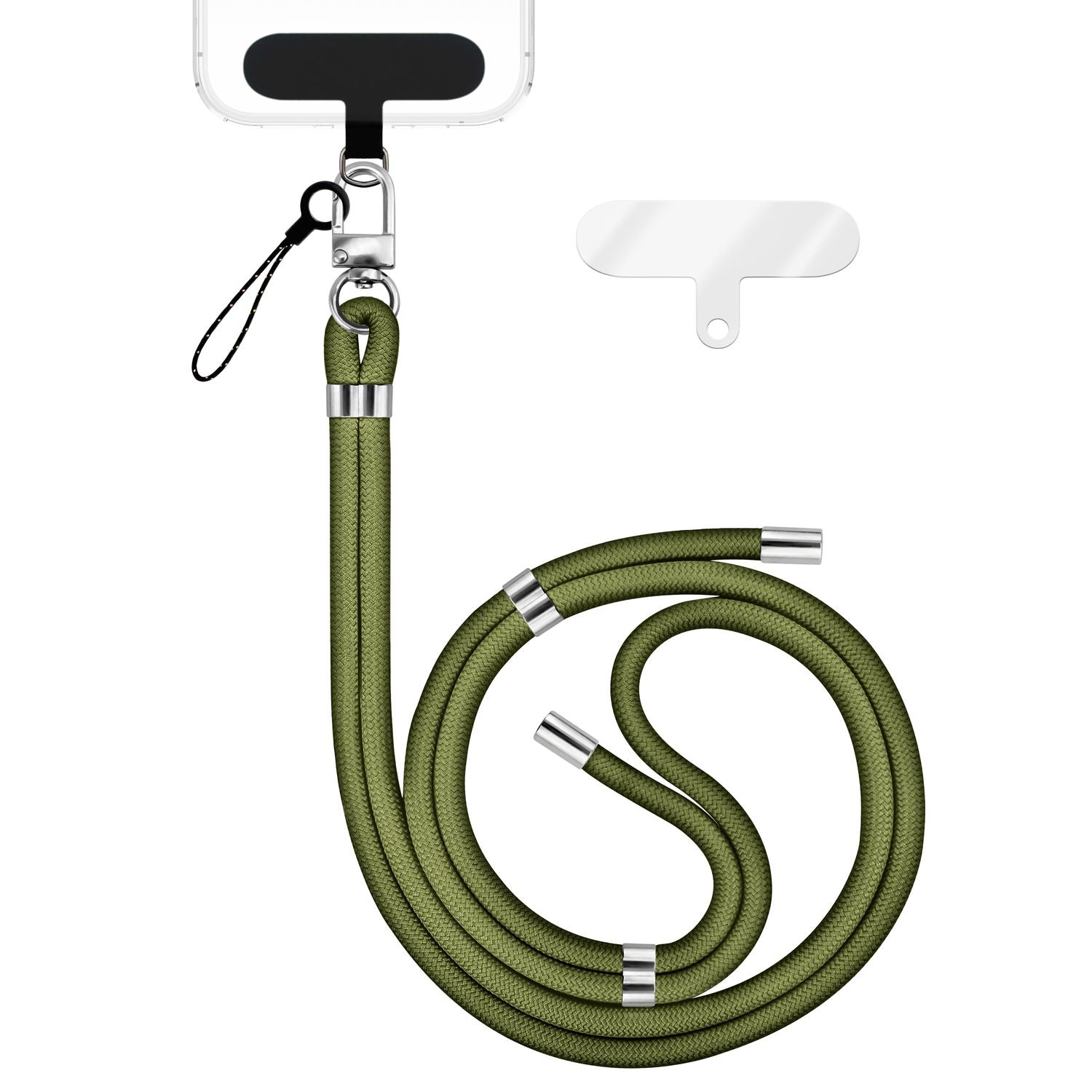 NALIA HoldMe Universal Handykette für Smartphone & Handyhüllen, Nylon-Seil Verstellbar & Abnehmbar, Umhänge-Band, Handyband, Lanyard mit Karabiner & 2 Patches Oliv Grün NALIA Universal Handykette