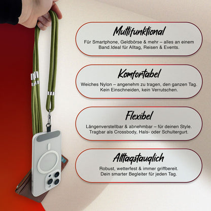 NALIA HoldMe Universal Handykette für Smartphone & Handyhüllen, Nylon-Seil Verstellbar & Abnehmbar, Umhänge-Band, Handyband, Lanyard mit Karabiner & 2 Patches Oliv Grün NALIA Universal Handykette