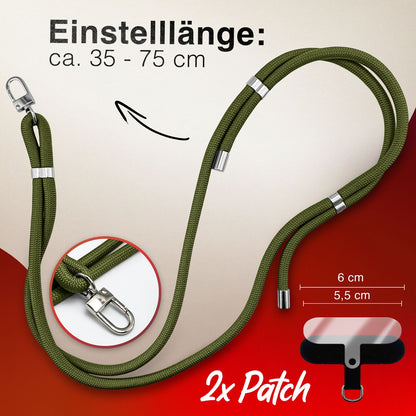 NALIA HoldMe Universal Handykette für Smartphone & Handyhüllen, Nylon-Seil Verstellbar & Abnehmbar, Umhänge-Band, Handyband, Lanyard mit Karabiner & 2 Patches Oliv Grün NALIA Universal Handykette