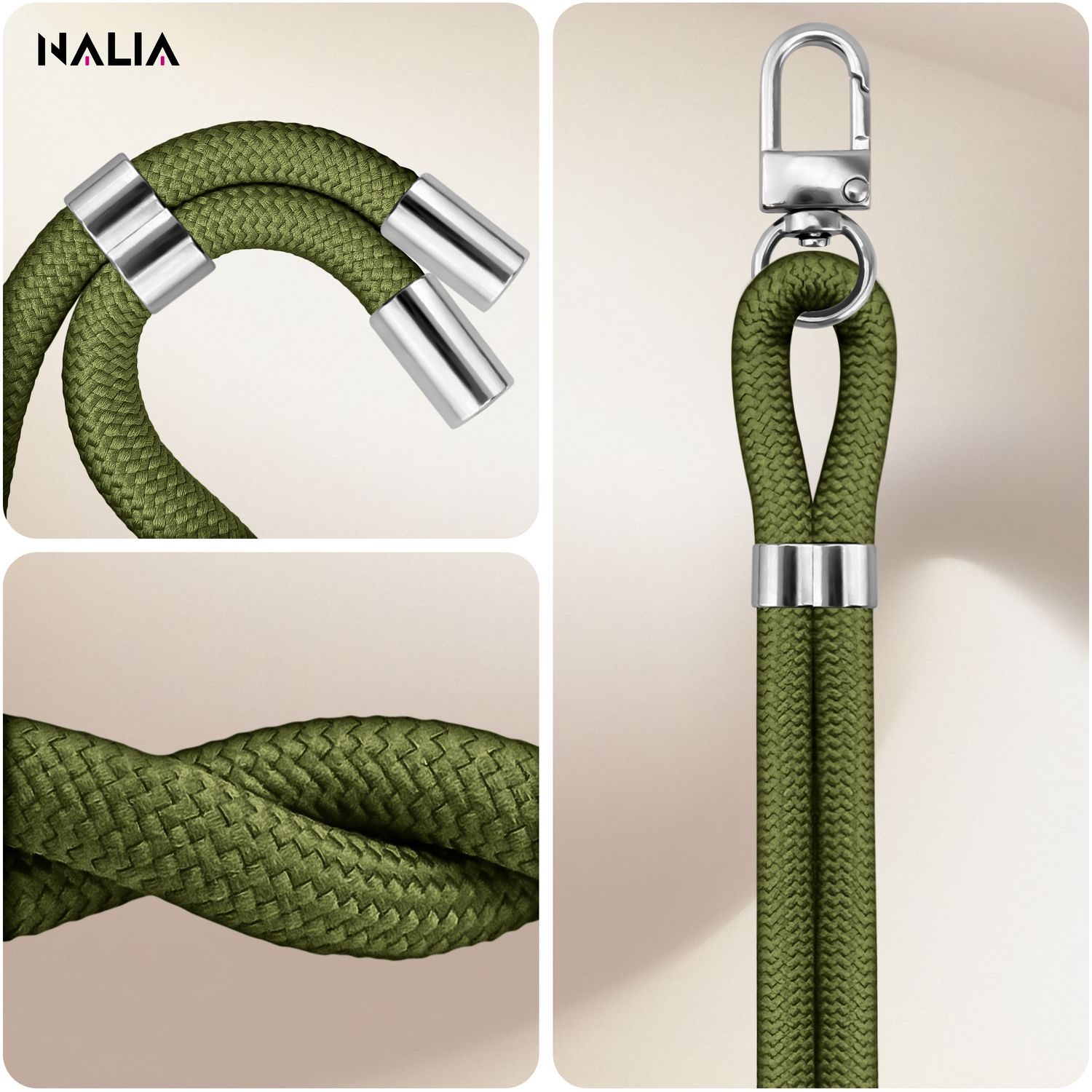 NALIA HoldMe Universal Handykette für Smartphone & Handyhüllen, Nylon-Seil Verstellbar & Abnehmbar, Umhänge-Band, Handyband, Lanyard mit Karabiner & 2 Patches Oliv Grün NALIA Universal Handykette
