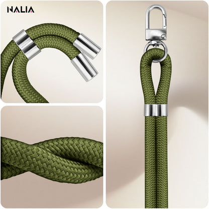 NALIA HoldMe Universal Handykette für Smartphone & Handyhüllen, Nylon-Seil Verstellbar & Abnehmbar, Umhänge-Band, Handyband, Lanyard mit Karabiner & 2 Patches Oliv Grün NALIA Universal Handykette