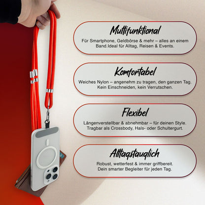 NALIA HoldMe Universal Handykette für Smartphone & Handyhüllen, Nylon-Seil Verstellbar & Abnehmbar, Umhänge-Band, Handyband, Lanyard mit Karabiner & 2 Patches Neon Orange NALIA Universal Handykette