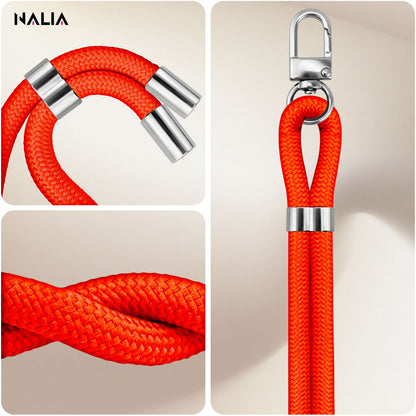 NALIA HoldMe Universal Handykette für Smartphone & Handyhüllen, Nylon-Seil Verstellbar & Abnehmbar, Umhänge-Band, Handyband, Lanyard mit Karabiner & 2 Patches Neon Orange NALIA Universal Handykette