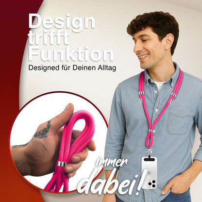 NALIA HoldMe Universal Handykette für Smartphone & Handyhüllen, Nylon-Seil Verstellbar & Abnehmbar, Umhänge-Band, Handyband, Lanyard mit Karabiner & 2 Patches Neon Pink NALIA Universal Handykette