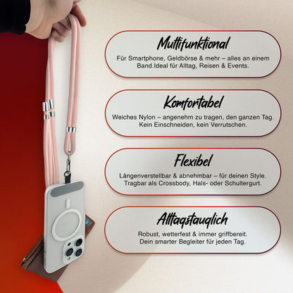 NALIA HoldMe Universal Handykette für Smartphone & Handyhüllen, Nylon-Seil Verstellbar & Abnehmbar, Umhänge-Band, Handyband, Lanyard mit Karabiner & 2 Patches Rosa NALIA Universal Handykette