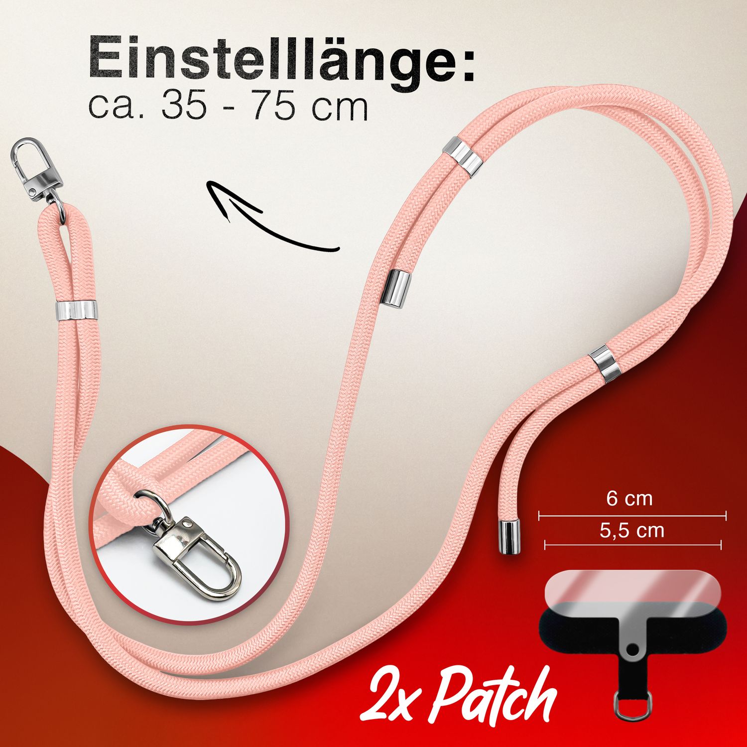 NALIA HoldMe Universal Handykette für Smartphone & Handyhüllen, Nylon-Seil Verstellbar & Abnehmbar, Umhänge-Band, Handyband, Lanyard mit Karabiner & 2 Patches Rosa NALIA Universal Handykette