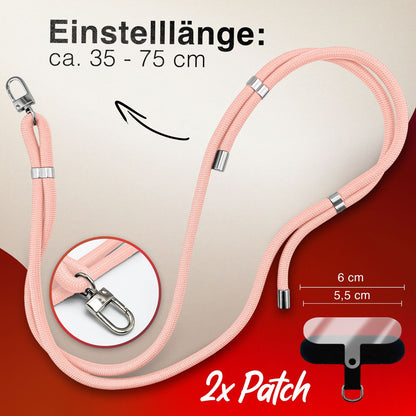 NALIA HoldMe Universal Handykette für Smartphone & Handyhüllen, Nylon-Seil Verstellbar & Abnehmbar, Umhänge-Band, Handyband, Lanyard mit Karabiner & 2 Patches Rosa NALIA Universal Handykette