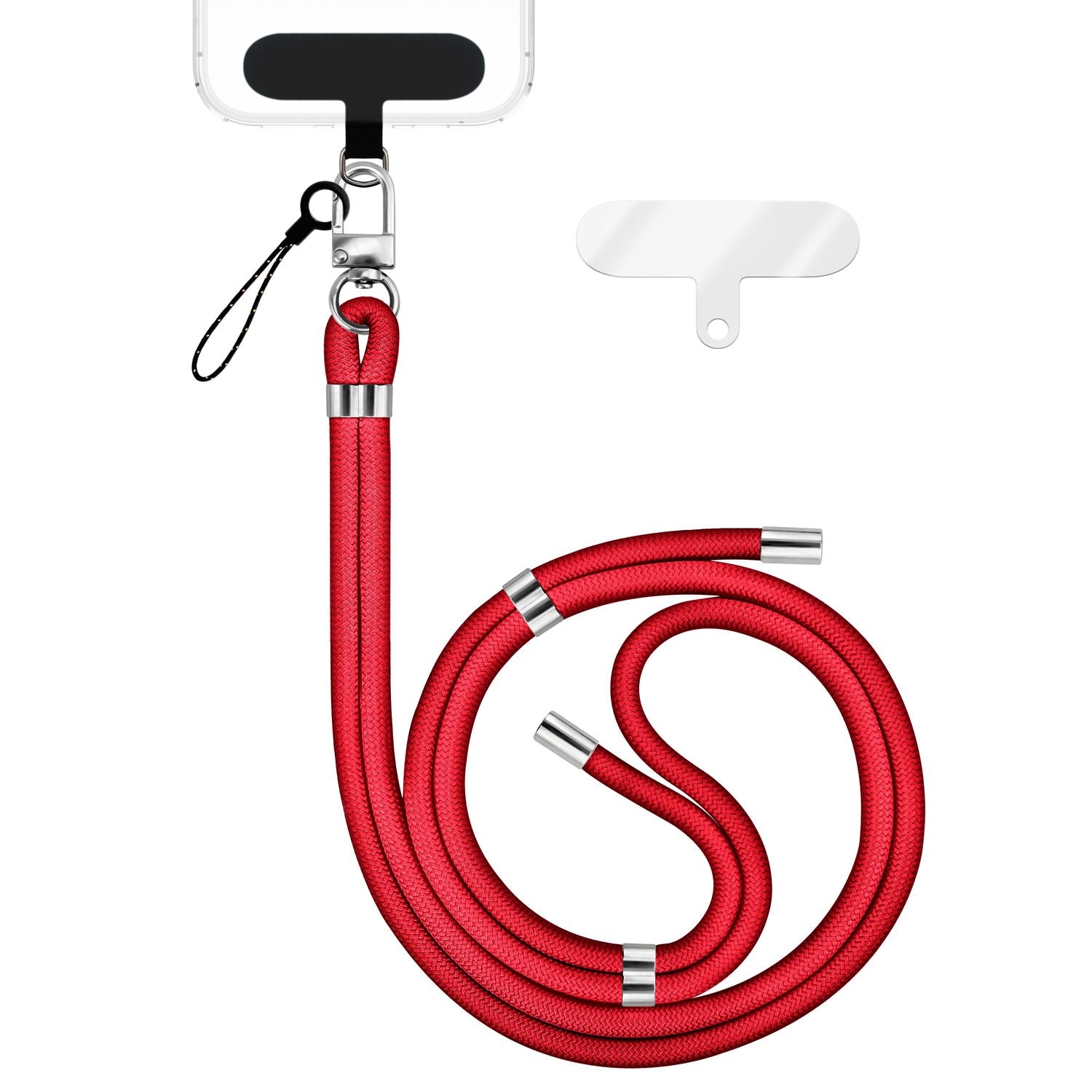 NALIA HoldMe Universal Handykette für Smartphone & Handyhüllen, Nylon-Seil Verstellbar & Abnehmbar, Umhänge-Band, Handyband, Lanyard mit Karabiner & 2 Patches Rot NALIA Universal Handykette