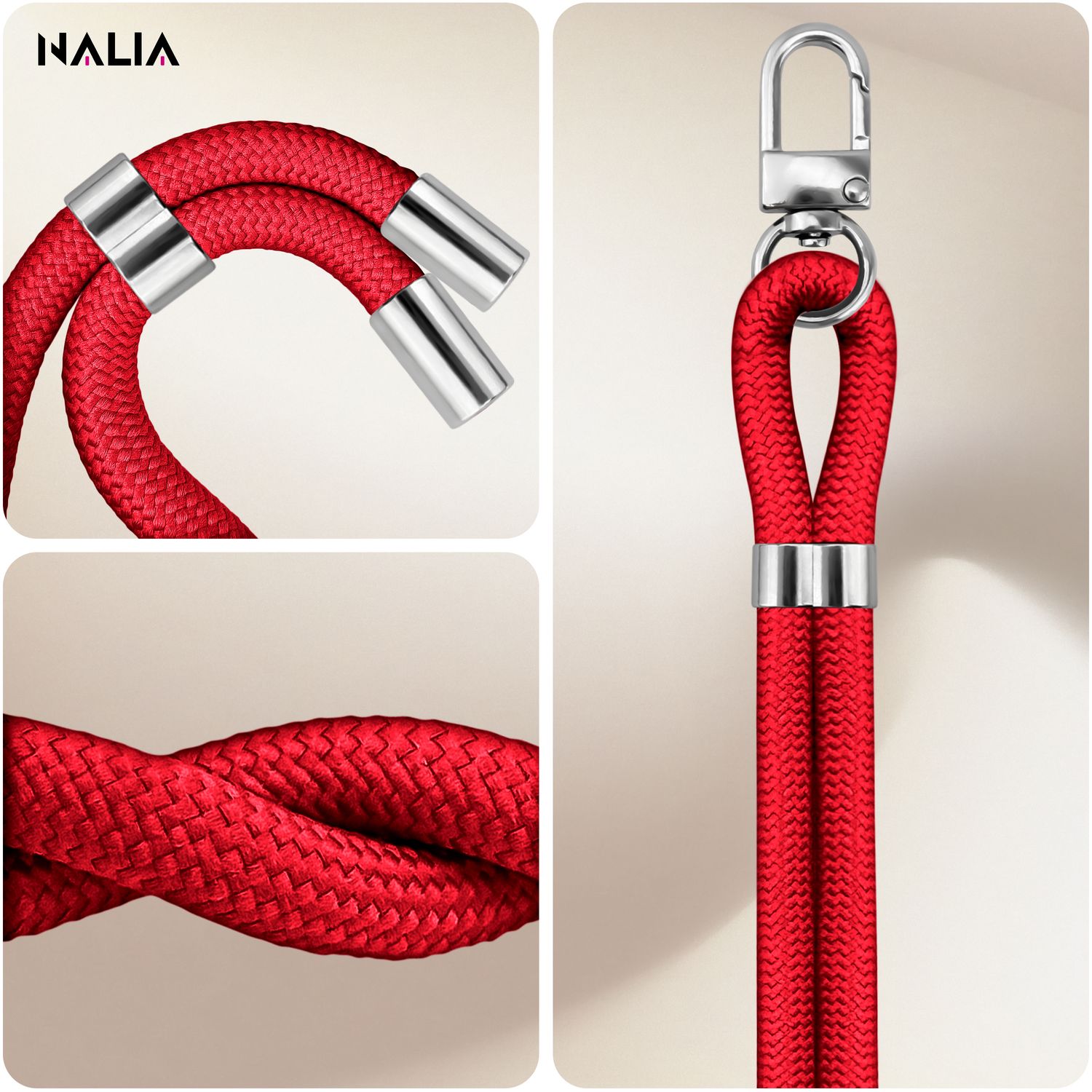 NALIA HoldMe Universal Handykette für Smartphone & Handyhüllen, Nylon-Seil Verstellbar & Abnehmbar, Umhänge-Band, Handyband, Lanyard mit Karabiner & 2 Patches Rot NALIA Universal Handykette