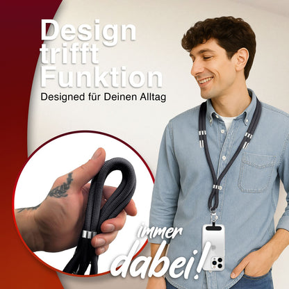 NALIA HoldMe Universal Handykette für Smartphone & Handyhüllen, Nylon-Seil Verstellbar & Abnehmbar, Umhänge-Band, Handyband, Lanyard mit Karabiner & 2 Patches Schwarz NALIA Universal Handykette