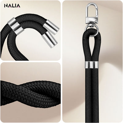 NALIA Universal Handykette für alle Smartphones – Premium Komfort-Nylon & 2 Patches – HOLDME (Geflochtenes Lanyard mit Silber-Karabiner) – Marke aus Berlin Schwarz NALIA Universal Handykette