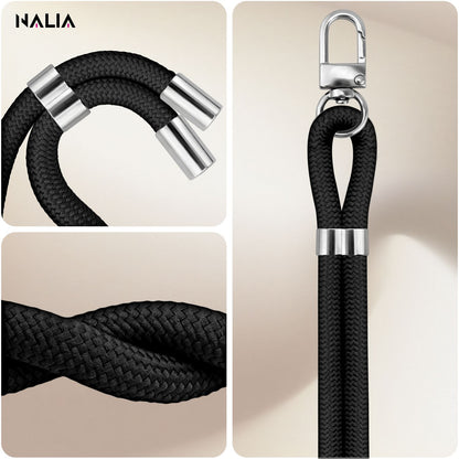 NALIA HoldMe Universal Handykette für Smartphone & Handyhüllen, Nylon-Seil Verstellbar & Abnehmbar, Umhänge-Band, Handyband, Lanyard mit Karabiner & 2 Patches Schwarz NALIA Universal Handykette
