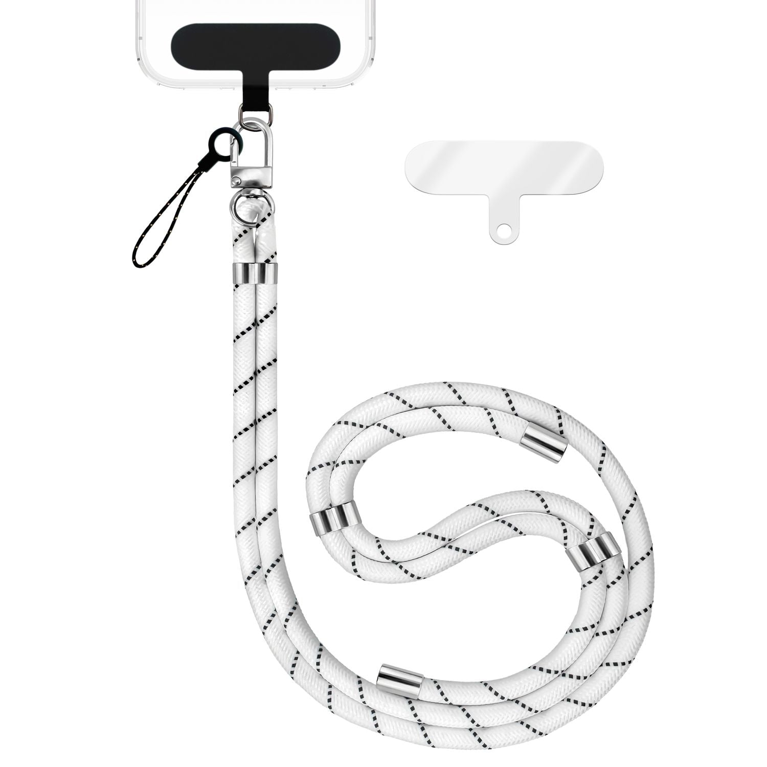 NALIA HoldMe Universal Handykette für Smartphone & Handyhüllen, Nylon-Seil Verstellbar & Abnehmbar, Umhänge-Band, Handyband, Lanyard mit Karabiner & 2 Patches Weiß NALIA Universal Handykette