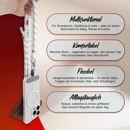 NALIA HoldMe Universal Handykette für Smartphone & Handyhüllen, Nylon-Seil Verstellbar & Abnehmbar, Umhänge-Band, Handyband, Lanyard mit Karabiner & 2 Patches Weiß NALIA Universal Handykette