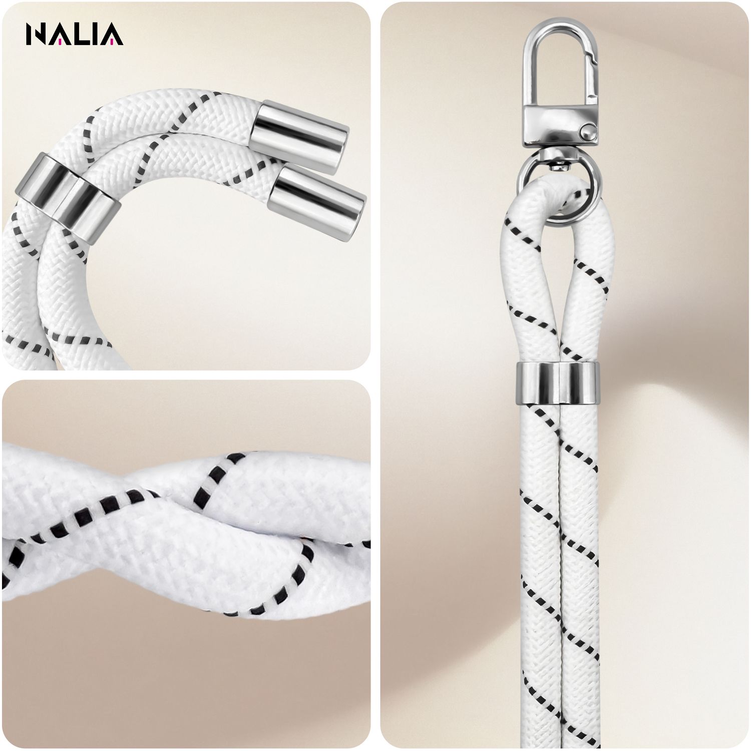 NALIA HoldMe Universal Handykette für Smartphone & Handyhüllen, Nylon-Seil Verstellbar & Abnehmbar, Umhänge-Band, Handyband, Lanyard mit Karabiner & 2 Patches Weiß NALIA Universal Handykette