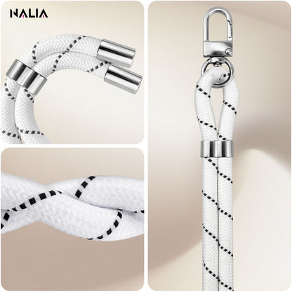 NALIA HoldMe Universal Handykette für Smartphone & Handyhüllen, Nylon-Seil Verstellbar & Abnehmbar, Umhänge-Band, Handyband, Lanyard mit Karabiner & 2 Patches Weiß NALIA Universal Handykette
