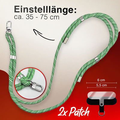 NALIA Universal Handykette für alle Smartphones – Premium Komfort-Nylon & 2 Patches – HOLDME (Geflochtenes Lanyard mit Silber-Karabiner) – Marke aus Berlin Grün Weiß NALIA Universal Handykette