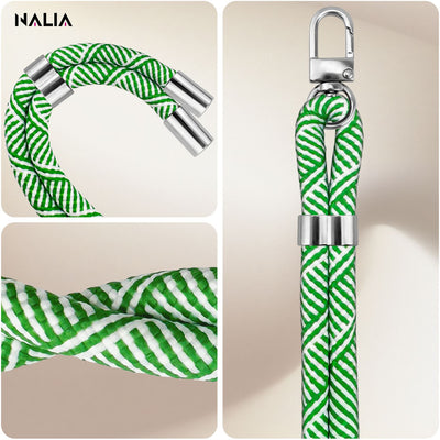 NALIA Universal Handykette für alle Smartphones – Premium Komfort-Nylon & 2 Patches – HOLDME (Geflochtenes Lanyard mit Silber-Karabiner) – Marke aus Berlin Grün Weiß NALIA Universal Handykette