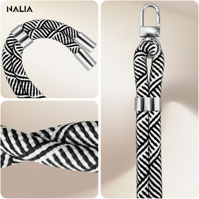 NALIA Universal Handykette für alle Smartphones – Premium Komfort-Nylon & 2 Patches – HOLDME (Geflochtenes Lanyard mit Silber-Karabiner) – Marke aus Berlin Schwarz Weiß NALIA Universal Handykette