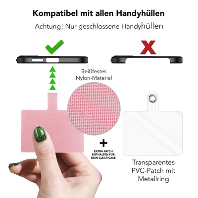 NALIA Universal Handykette für alle Smartphones – Robuste Kordel & 2 Patches – HOLDME AIR (Klassisches Lanyard mit Mattschwarzem Karabiner) – Marke aus Berlin