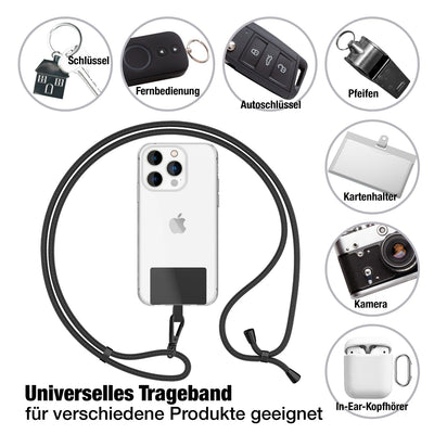 NALIA Universal Handykette für alle Smartphones – Robuste Kordel & 2 Patches – HOLDME AIR (Klassisches Lanyard mit Mattschwarzem Karabiner) – Marke aus Berlin