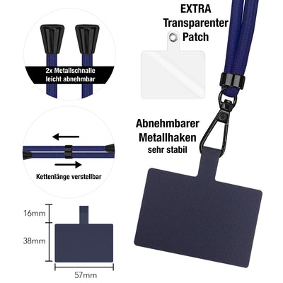NALIA Universal Handykette für alle Smartphones – Robuste Kordel & 2 Patches – HOLDME AIR (Klassisches Lanyard mit Mattschwarzem Karabiner) – Marke aus Berlin