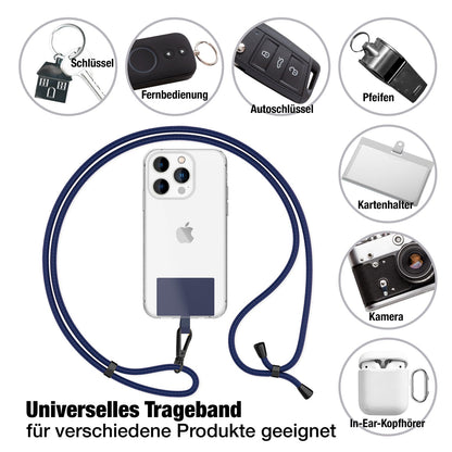 NALIA Universal-Kette mit Pad, Band für Handy-Hülle zum Umhängen, Karabinerhaken aus Metall (matt schwarz), Schlüsselband Umhängeband 160 CM, Crossbody Lanyard Dunkelblau NALIA Universal Handykette