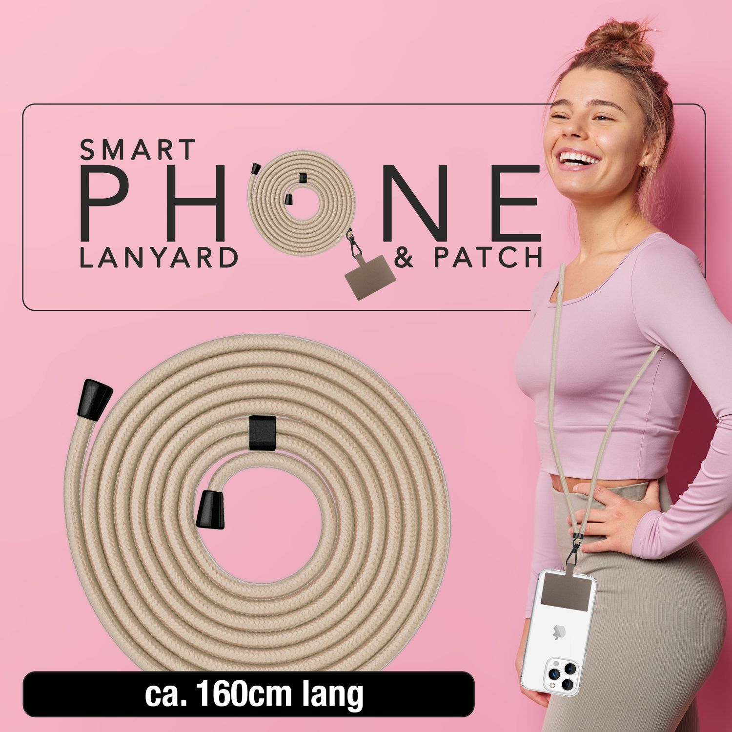 NALIA Universal-Kette mit Pad, Band für Handy-Hülle zum Umhängen, Karabinerhaken aus Metall (matt schwarz), Schlüsselband Umhängeband 160 CM, Crossbody Lanyard Weiß Beige NALIA Universal Handykette