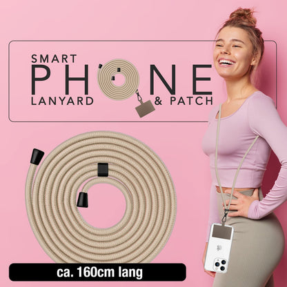 NALIA Universal-Kette mit Pad, Band für Handy-Hülle zum Umhängen, Karabinerhaken aus Metall (matt schwarz), Schlüsselband Umhängeband 160 CM, Crossbody Lanyard Weiß Beige NALIA Universal Handykette