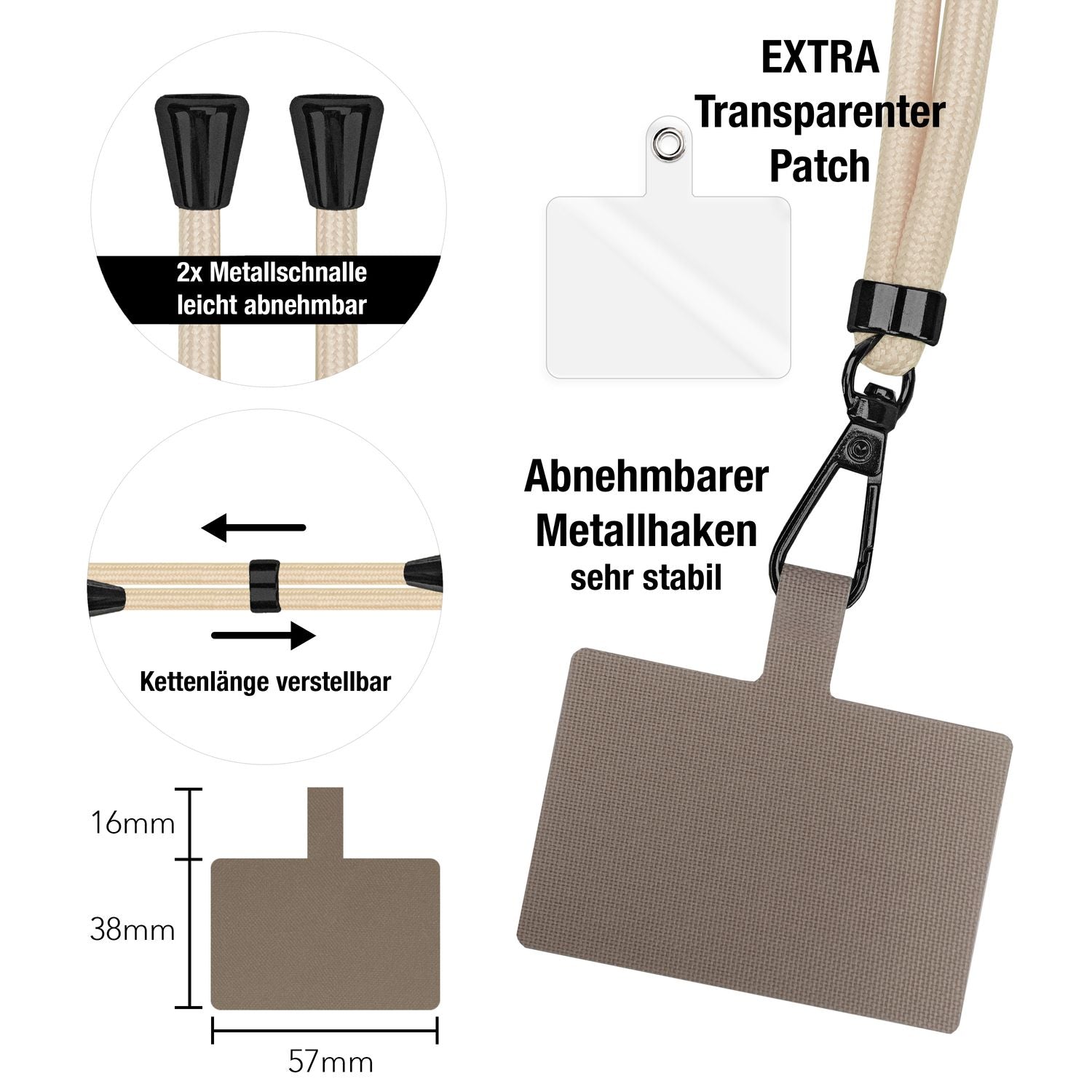 NALIA Universal-Kette mit Pad, Band für Handy-Hülle zum Umhängen, Karabinerhaken aus Metall (matt schwarz), Schlüsselband Umhängeband 160 CM, Crossbody Lanyard Weiß Beige NALIA Universal Handykette