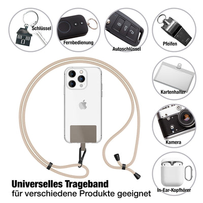 NALIA Universal Handykette für alle Smartphones – Robuste Kordel & 2 Patches – HOLDME AIR (Klassisches Lanyard mit Mattschwarzem Karabiner) – Marke aus Berlin