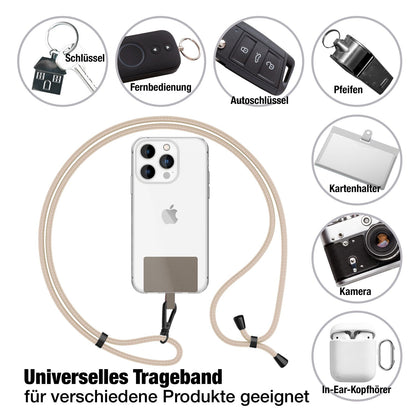 NALIA Universal-Kette mit Pad, Band für Handy-Hülle zum Umhängen, Karabinerhaken aus Metall (matt schwarz), Schlüsselband Umhängeband 160 CM, Crossbody Lanyard Weiß Beige NALIA Universal Handykette