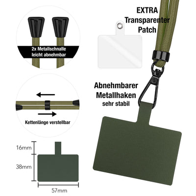 NALIA Universal Handykette für alle Smartphones – Robuste Kordel & 2 Patches – HOLDME AIR (Klassisches Lanyard mit Mattschwarzem Karabiner) – Marke aus Berlin